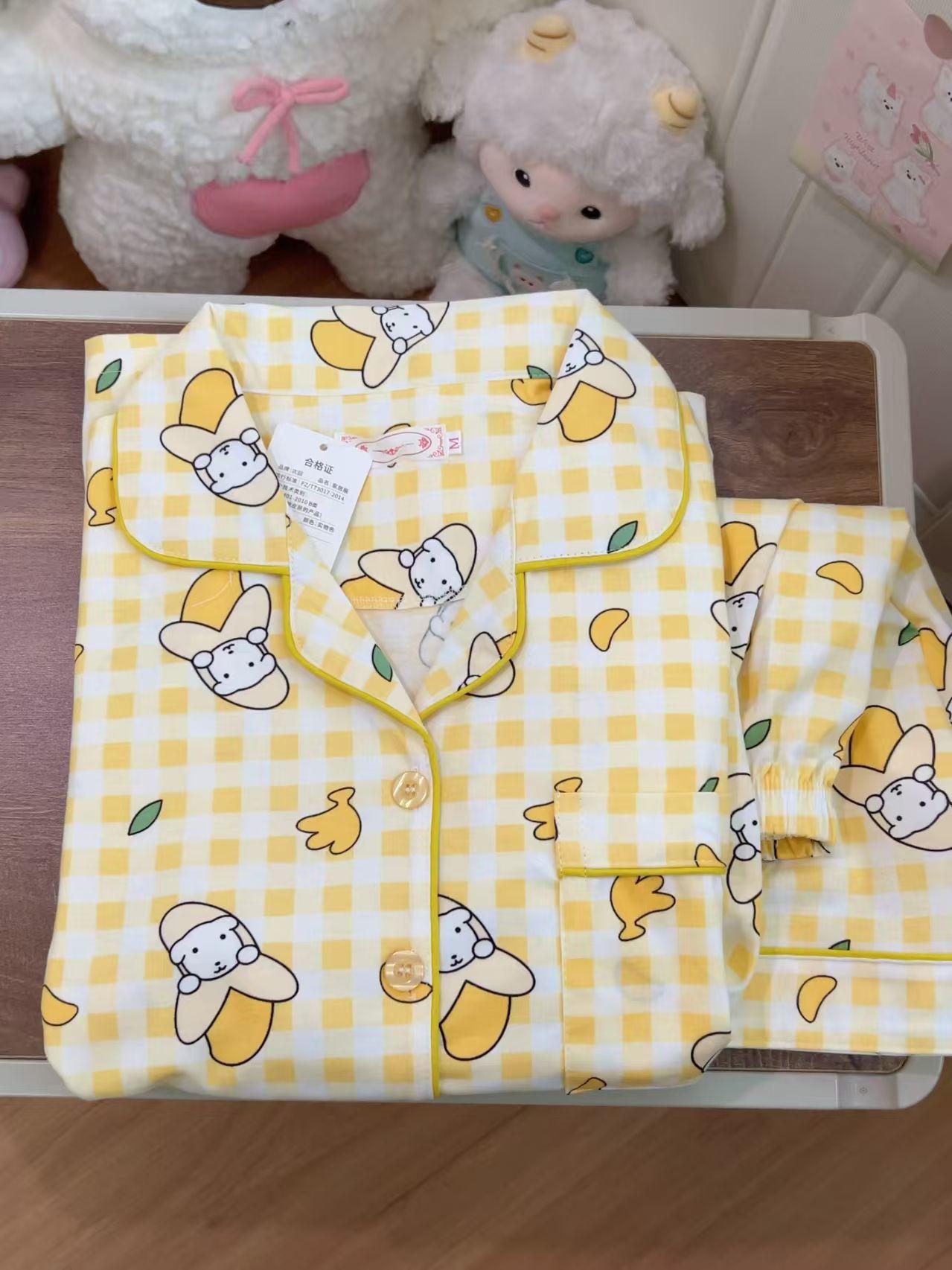 

Sweet yellow plaid banana puppy pajamas women s summer short-sleeved shorts cardigan set can go out loungewear S