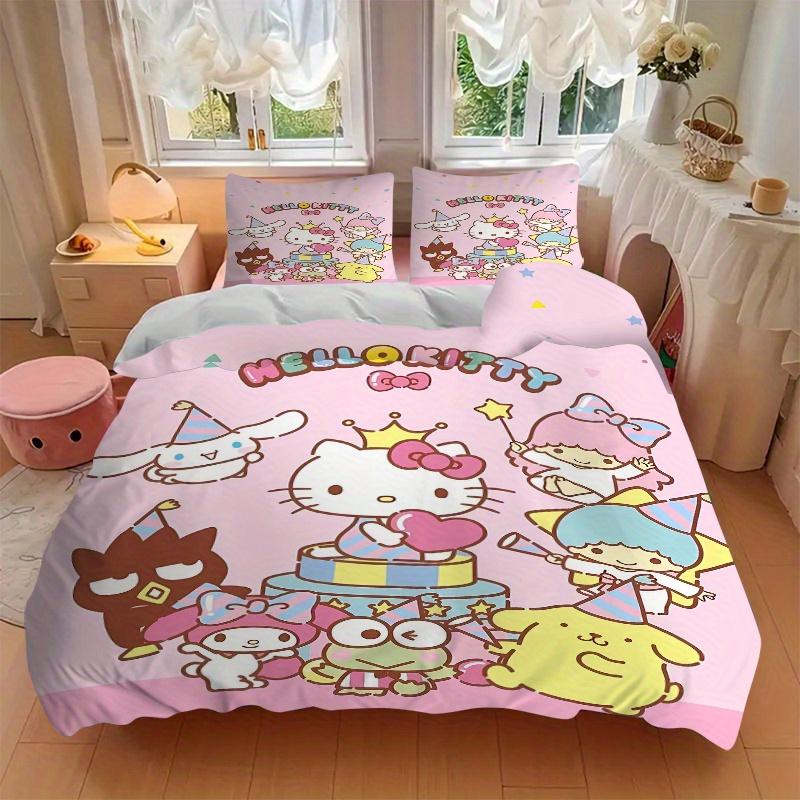 3pcs Party Hello Kitty and Friends Bedding Set - 1 Soft Quilt Cover + 2 Pillowcases, Machine Washable - Suitable for All Seasons, Perfect Gi