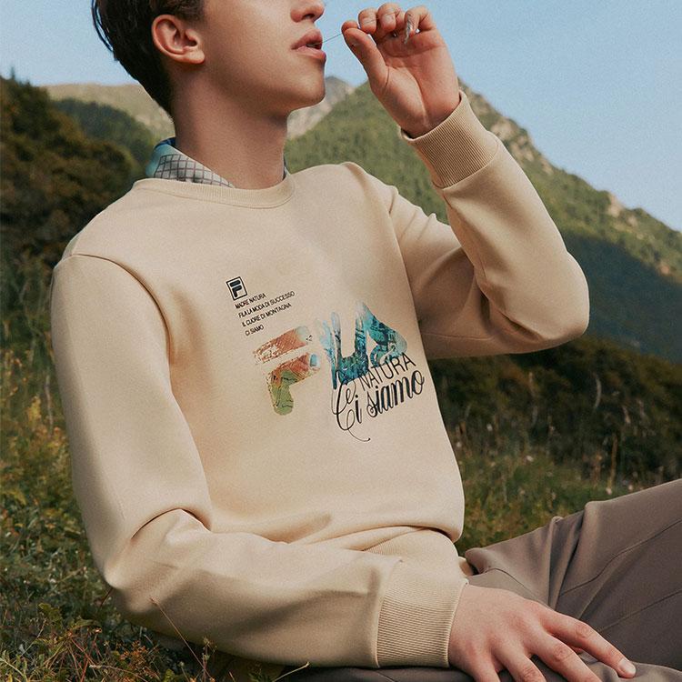 FILA Fleece Letter Print Casual Knit Pullover Sweatshirt Men sweatshirt Brown F11M248206FBN