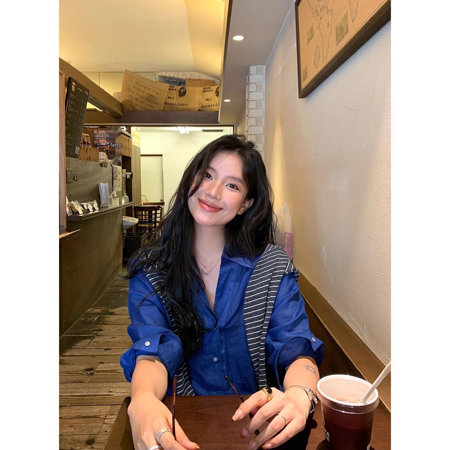 Women s 2026 Spring/Summer High-End Linen Mid-Sleeve Loose Shirt Medium сапфир синий