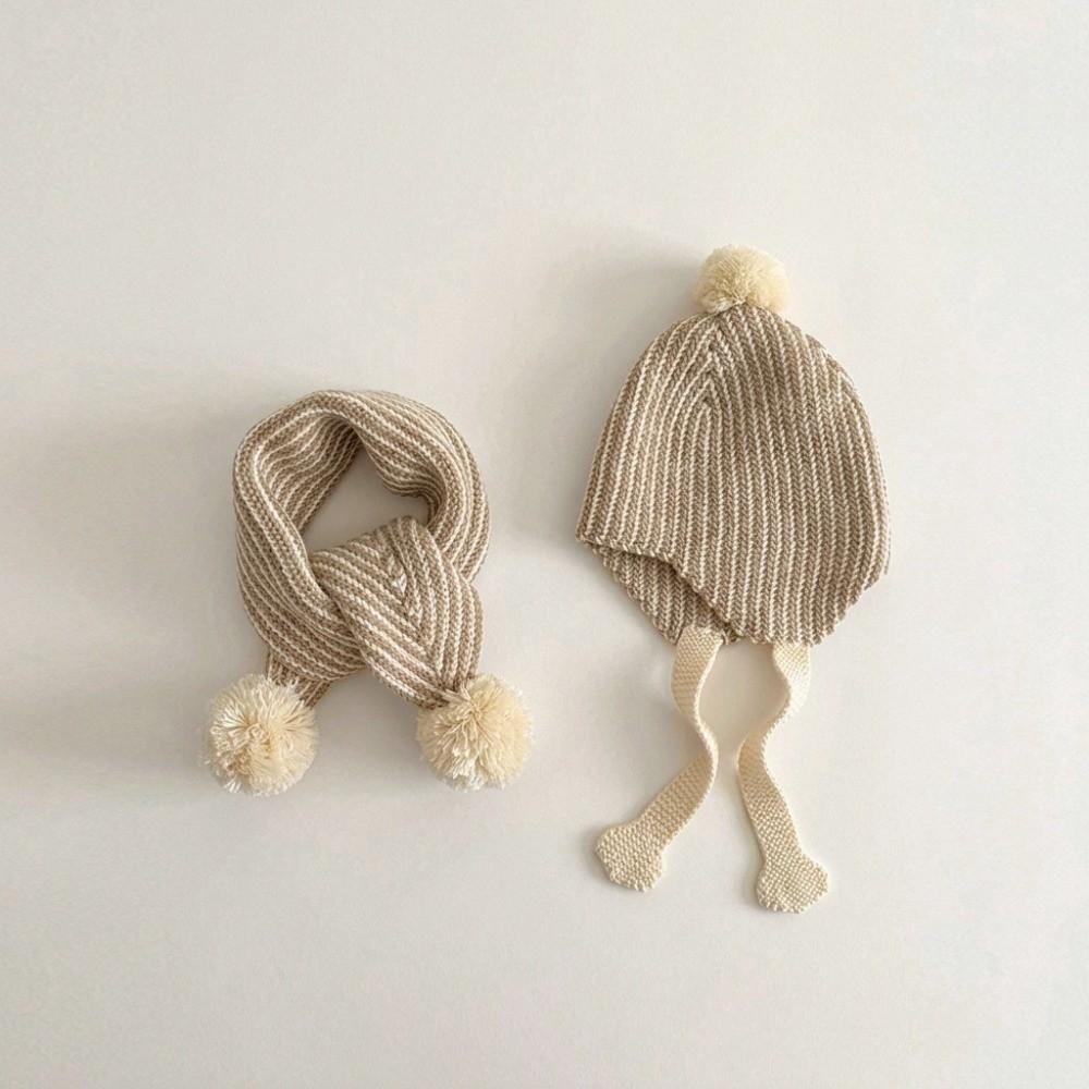 2Pcs/Set Stripe Knitted Pom Pom Hat Vintage Neck Warmer Casual Children Hat Scarf Set Outdoor