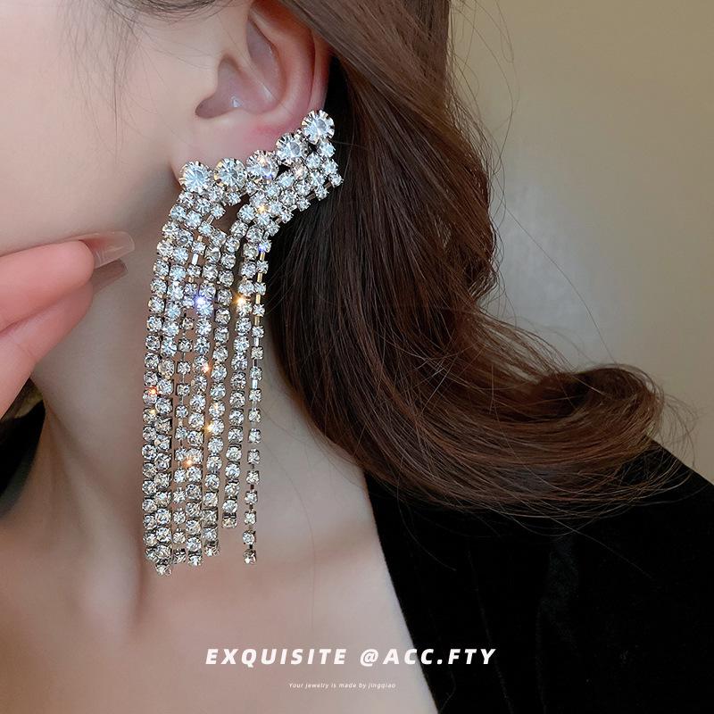 Exaggerated Diamond Tassel Silver Earrings - European & American Luxury High-End Fashion for Women