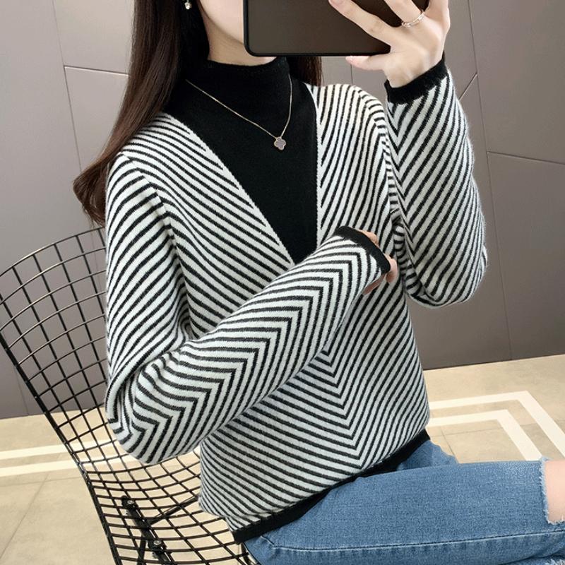 Velvet Integrated Sweater Base Sweater for WomenThickened and Warm Interior with Two Fake ItemsHalf High Neck Slim Fit Knitted Sweater Top