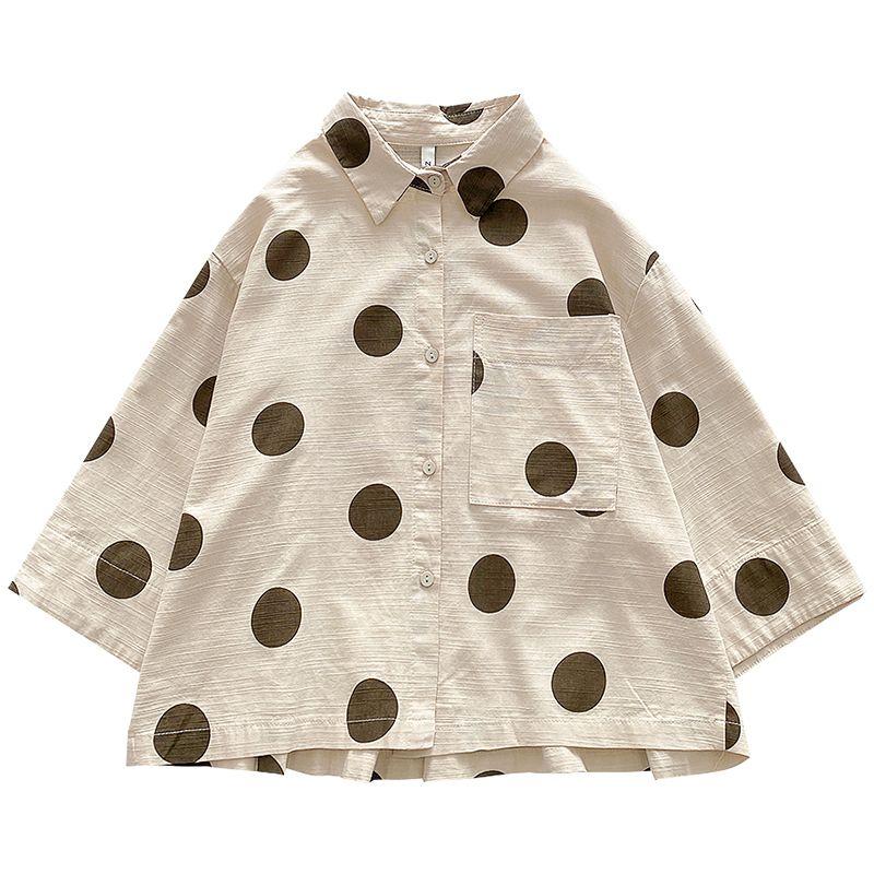 Plus Size Casual Loose Cotton Linen Shirts For Women Japanese Harajuku Style Short Tops Polka Dot Sleeves Shirt