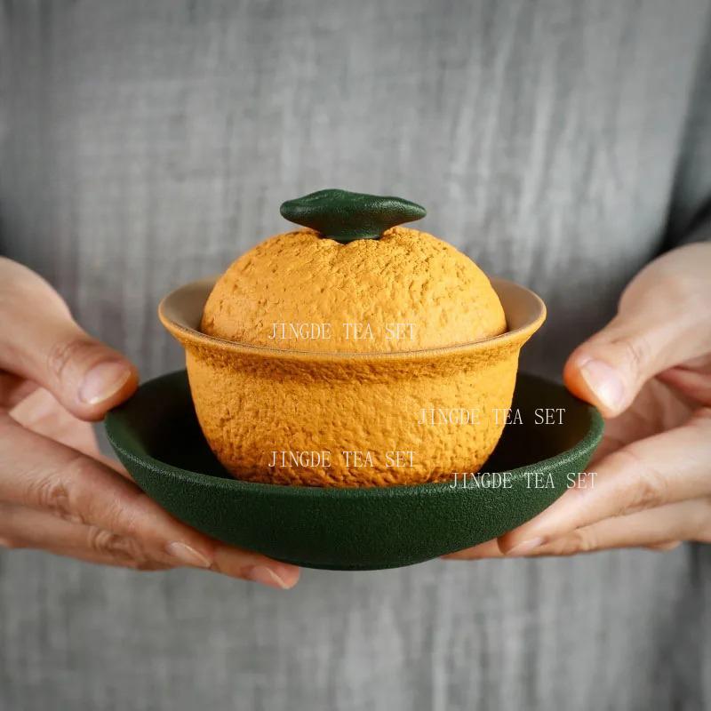 140ml Orange Three Talent Bowl Cover Household Chinese Style Tea Bowl with Lid Kung Fu Tea Tasting Cup Drinking Utensils