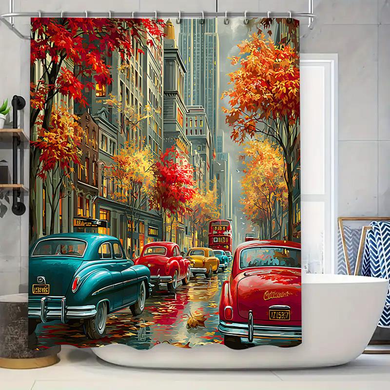

Autumn Cityscape Shower Curtain Vintage Cars Rain Trees Waterproof Fabric For Modern Bathroom Decor Easy To Clean And Maintain W60H190(CM)-1 Pcs