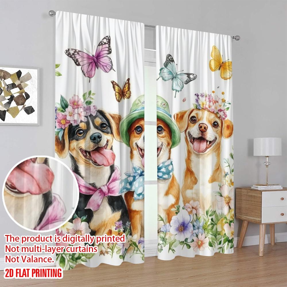 2pcs,2D plane printing Print Curtains Floral Canine Trio Durable 100% Polyester Fabric (without rod) Decorations For Home for