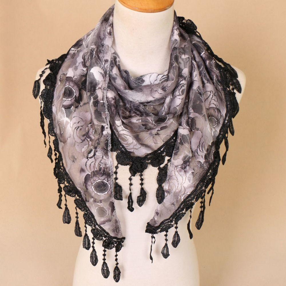 Sun Protection Lace Scarf with Tassel Flower Triangle Headband Cute Printed  Wraps  Beach