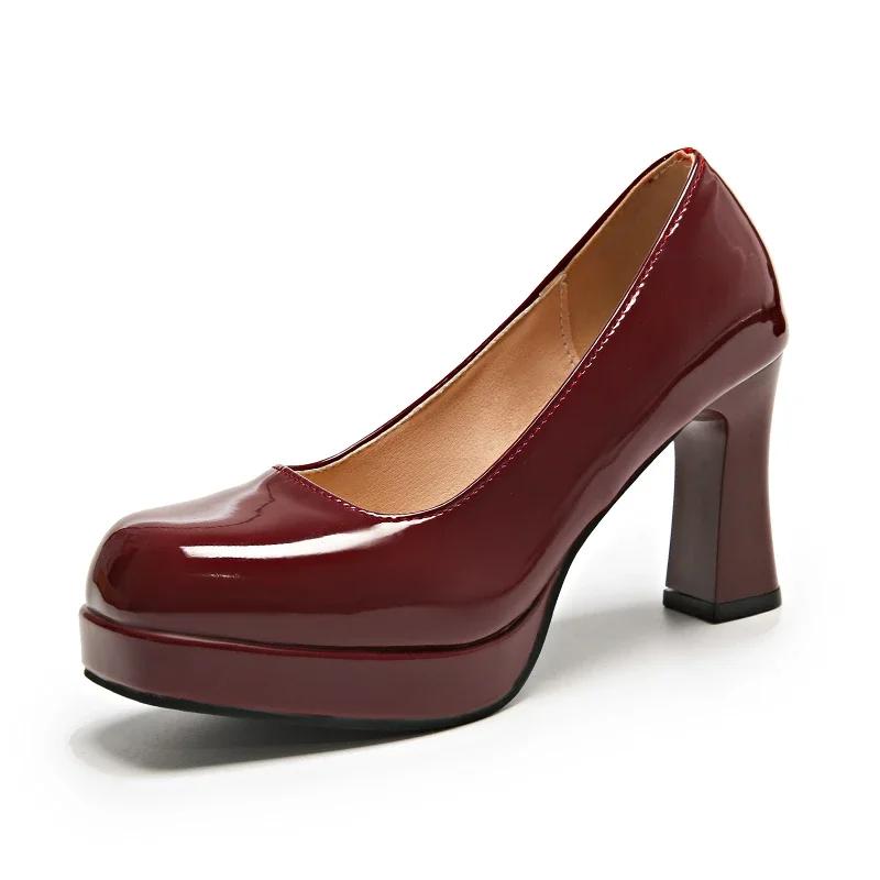 

Женские туфли-лодочки Модные Классические из лакированной кожи Туфли на высоком каблуке с круглым носком на платформе Свадебные туфли больших размеров 35-44 Каблуки Женские 35 вино красного