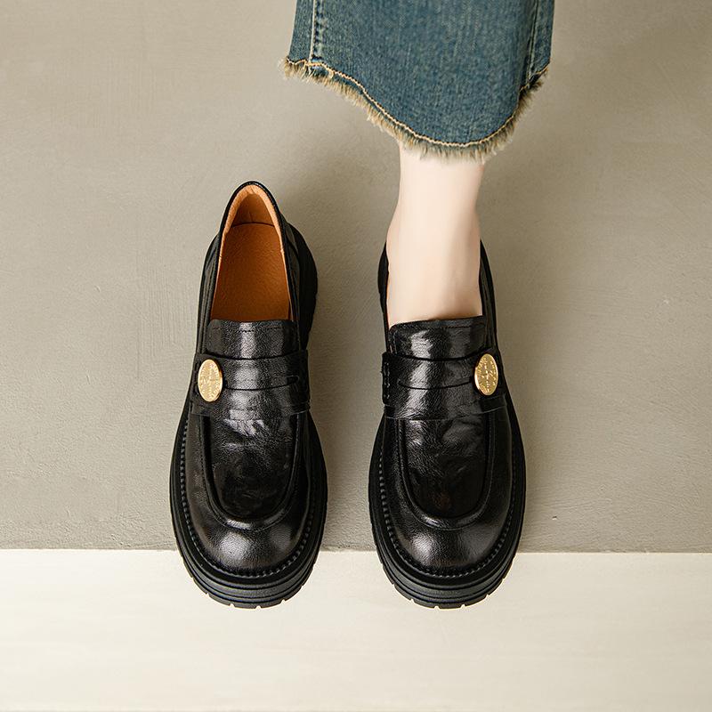 Cowhide version~ British style round head medium heel thick heel single shoes women's retro leather loafers versatile platform small leather shoes