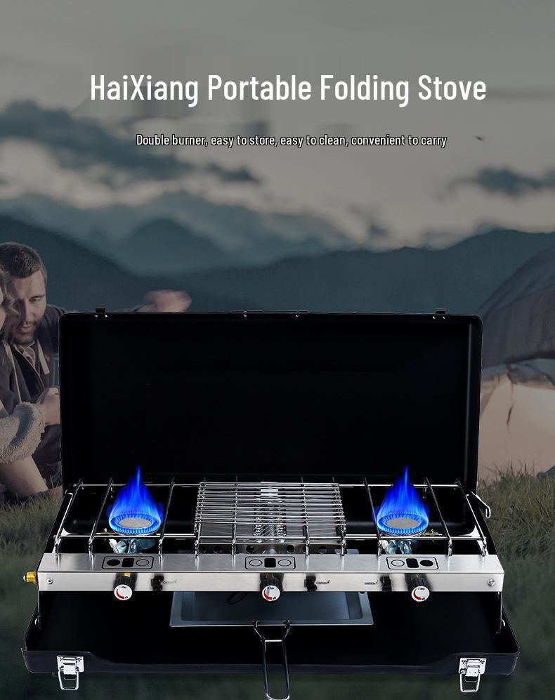 Portable Outdoor Double Burner Gas BBQ Grill & Folding Rack