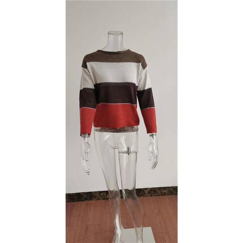 Women's Autumn And Winter Long Sleeved Striped Fur Round Neck Knitted Pullover Top Sweater