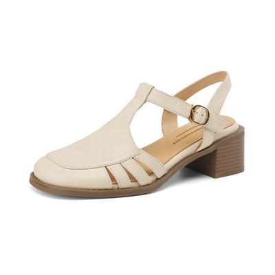 Krazing Pot Sheepskin Buckle Straps Round Toe Med Heels Autumn Summer Hollow Decoration Women Pumps