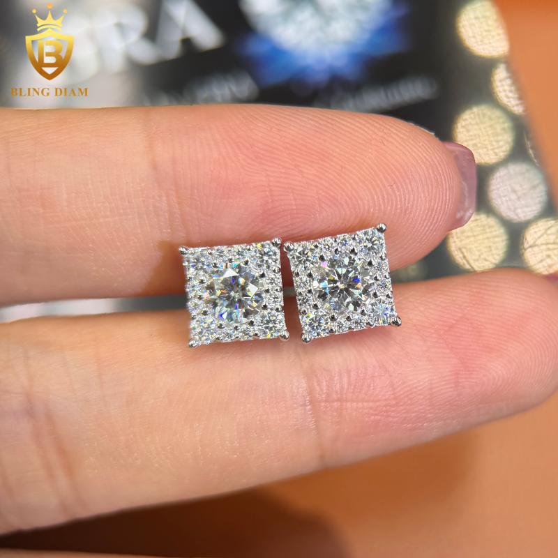 Hot Saling Moissanite Jewelry HipHop Square Earrings Iced Out Moissanite 925 Silver Stud Earrings Unisex Past Diamond Test GRA