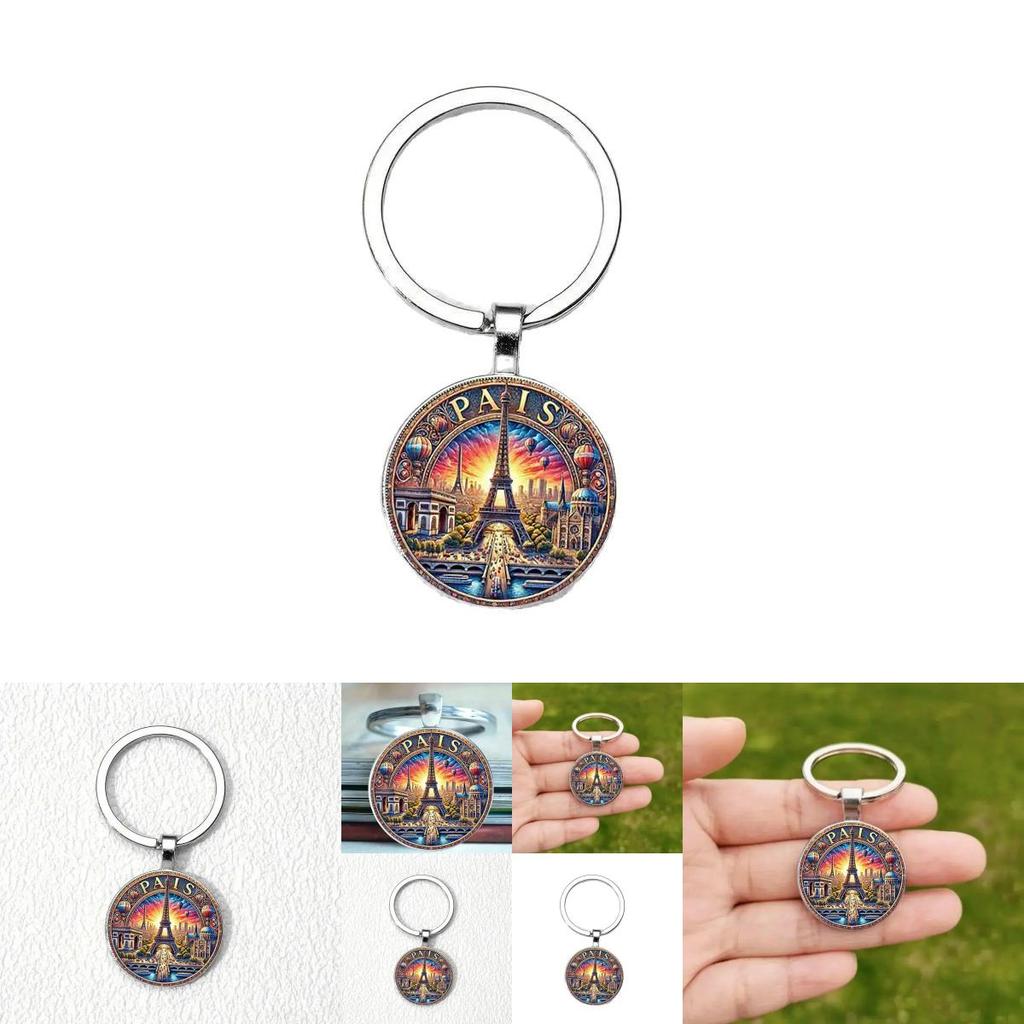 Paris Dusk Scene Keychain With Glass Alloy Pendant For Gift And Decor