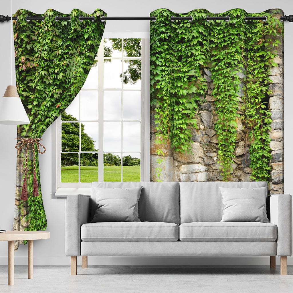 Green Leaves Stone Wall Curtains Insulated Room Darkening Window Drapes with Grommet for Living Room Bedroom Blackout Curtain