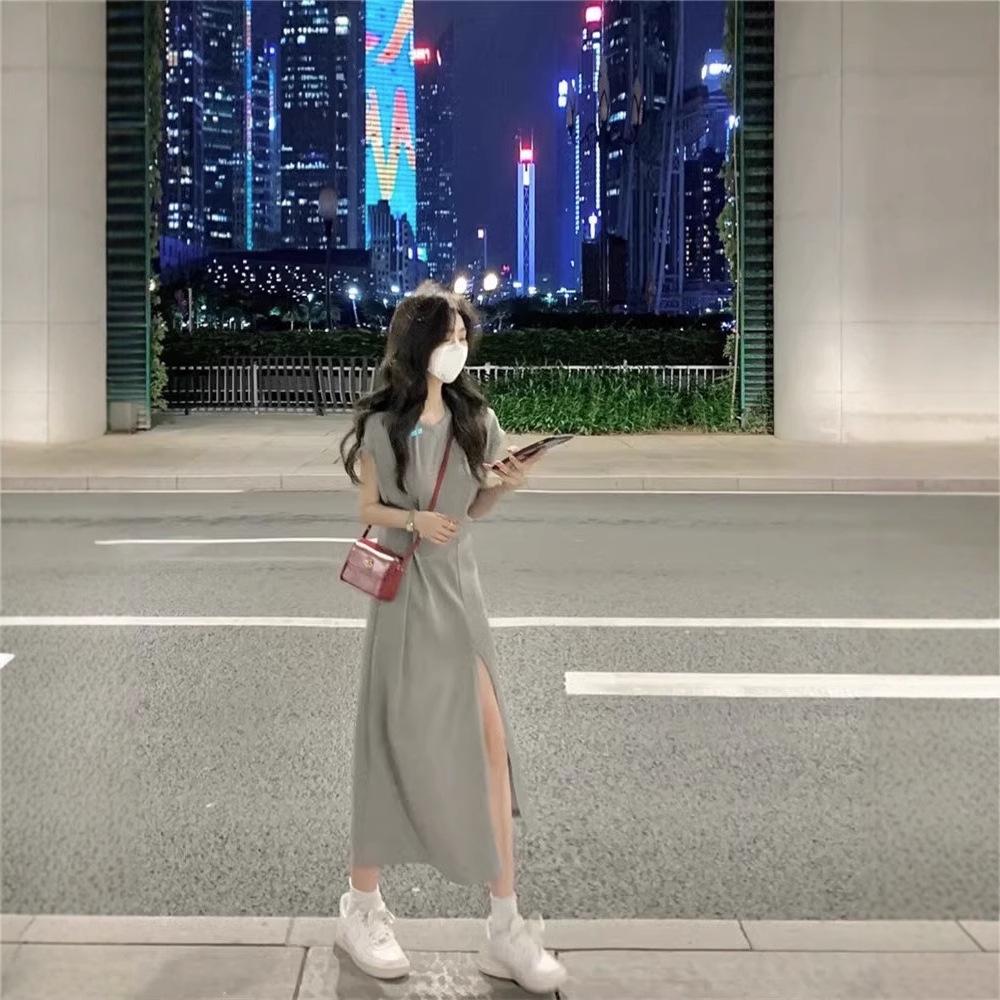 Women's Gray Slit T-Shirt Dress: Summer Slimming Waist-Cinching Short Sleeve Casual Maxi Dress