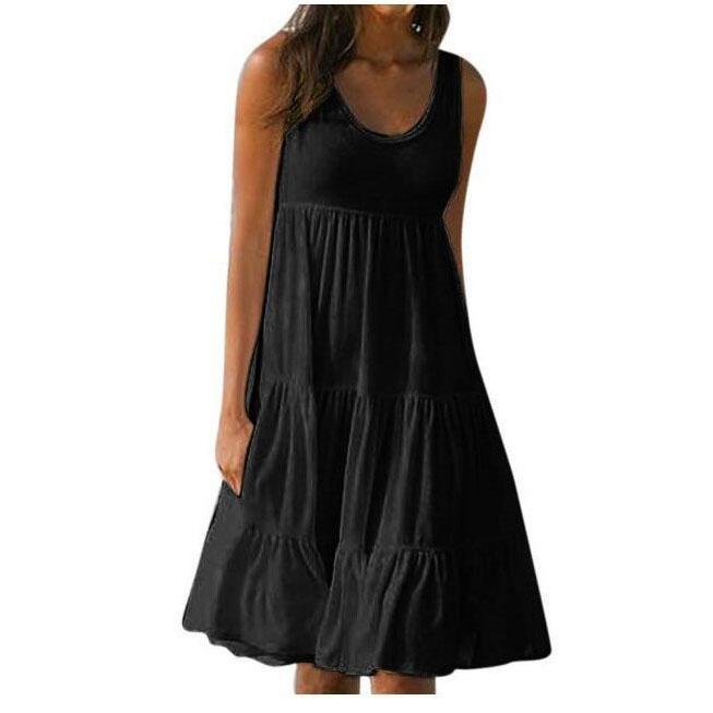 Women Causual O Neck Sleeveless Ruffles Mini Dress Boho Solid Beach Sundress Oversized Loose Dress Summer