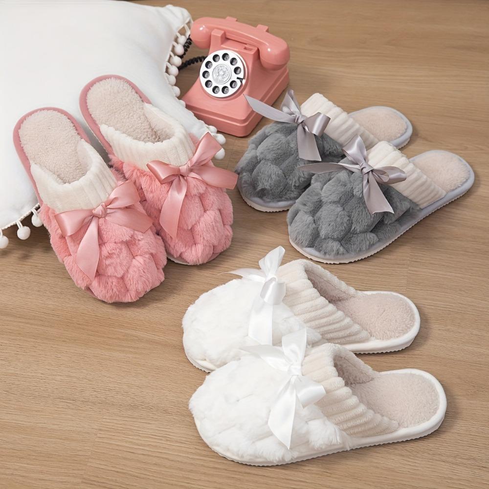 Monochrome Home Warm Slippers, Soft Bottom Fluffy Flat Bow Decorative Shoes, Winter Plush Comfortable Non-slip Shoes