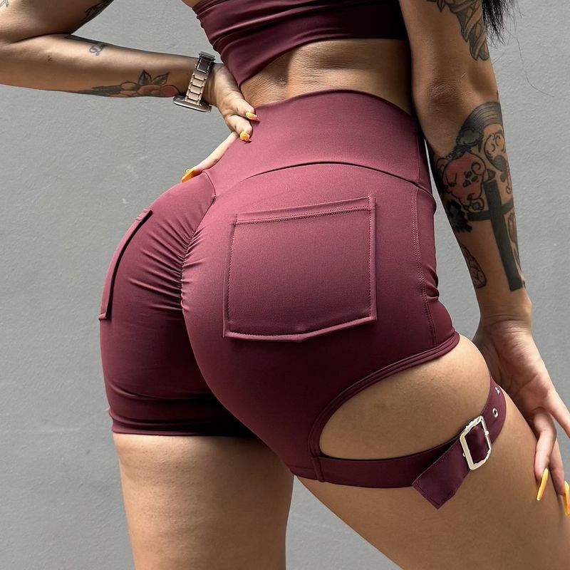 Fashion Cool Hip Slimming Fitness Shorts Adjustable Buckle Sexy Sports Peach Hip Yoga Pants Pocket Training Tights