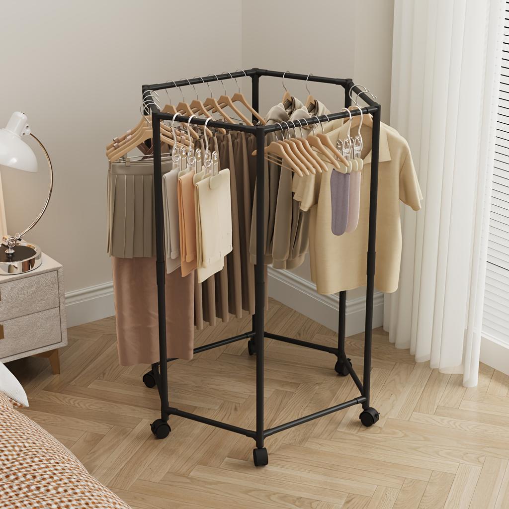 Hexagonal Rotatable Clothing Rack with Wheels – Sturdy 16mm Metal Tube, Freestanding Vertical Garment Hanger,  Black/White