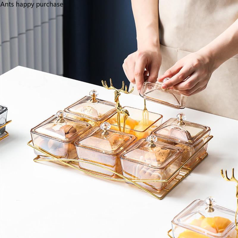 Wrought Iron Glass Snack Tray with Cover Refreshment Tray Snacks Platter Fruit Plate Dried Fruit Plate Salad Bowl Dessert Bowl