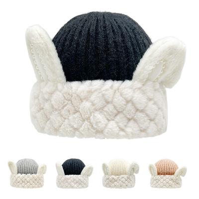 Neuer niedlicher Wollhut mit Hasenohren für Damen, Gesicht klein, Ohrenschutz, Schlupfmütze, Winter-Cartoon, warmer Strickhut