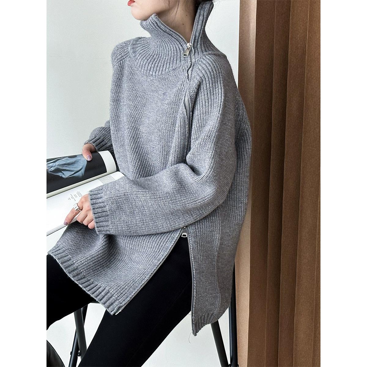 

DIMANAF 2024 Осень Женские Свитера На Молнии Женские Пуловеры Топы Женские Водолазки Трикотажные Базовые Однотонные Футболки Красные Свитера One Size серый