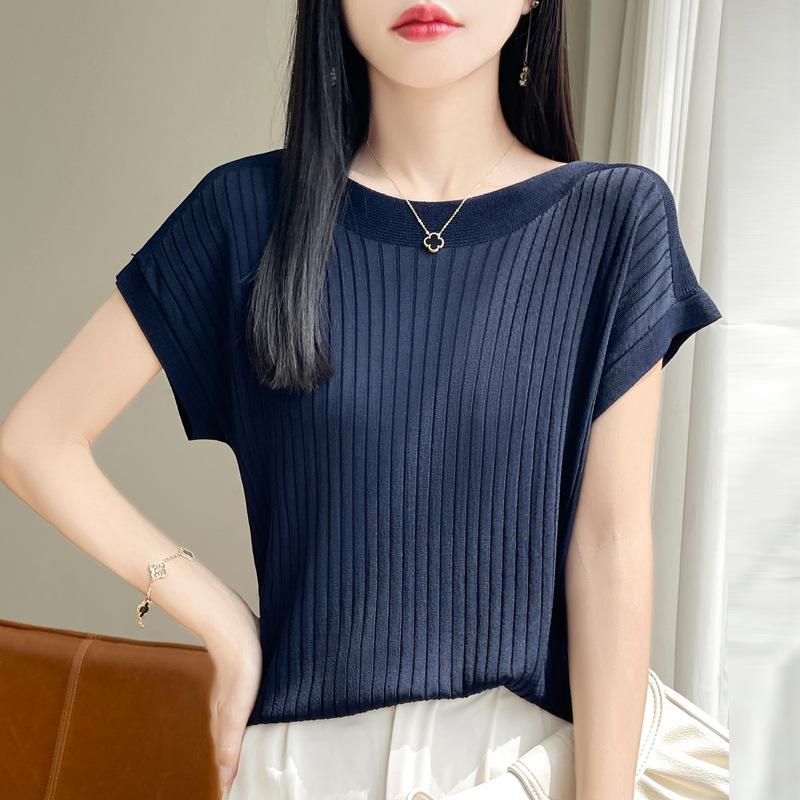 Fashion Slash Neck Women Sweater Ice Silk Spring Summer Women Loose Casual Shirts Short Sleeve Top