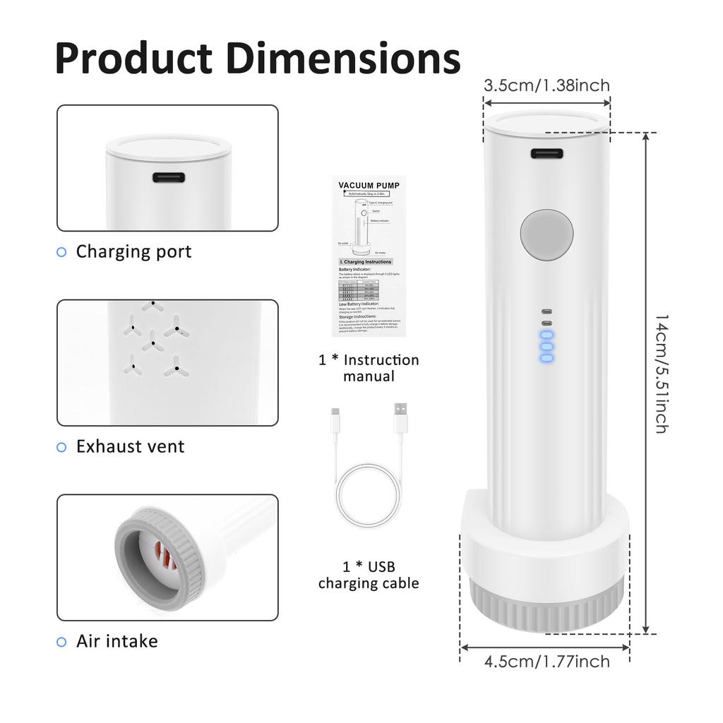 Elektrische Luftpumpe für Vakuumversiegelungsbeutel Reise-Kompressionsverpackung Tragbar USB-wiederaufladbar Platzsparend für Kleiderorganizer