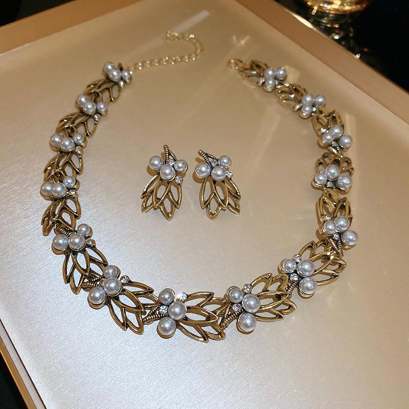 

GemChic Женское Новое Винтажное Ожерелье Серьги Ключица Сплав Лист Стразы Комплект Изысканный День Рождения Рождественский Ювелирный Подарок