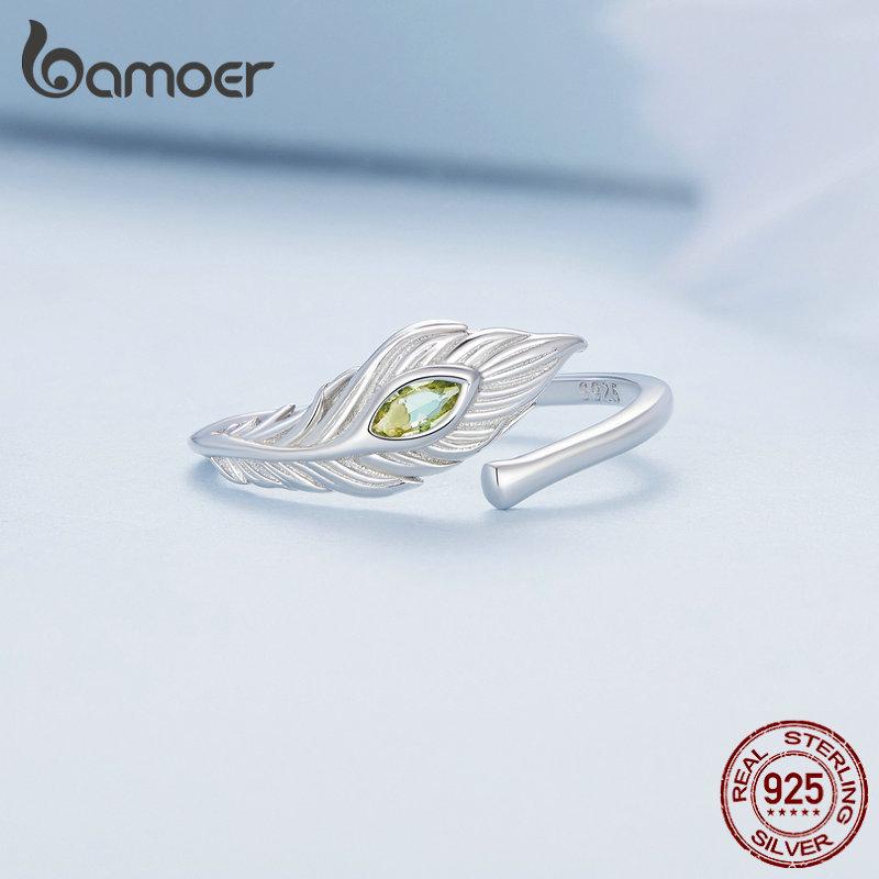 BAMOER 925 Sterling Silver Peacock Feather Opening Ring Zircon Adjustable Ring for Women Party Jewelry Gift