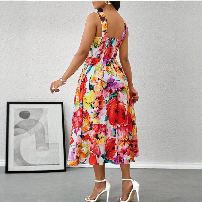 Women Sleeveless Floral Print Midi Dress Vibrant Colors