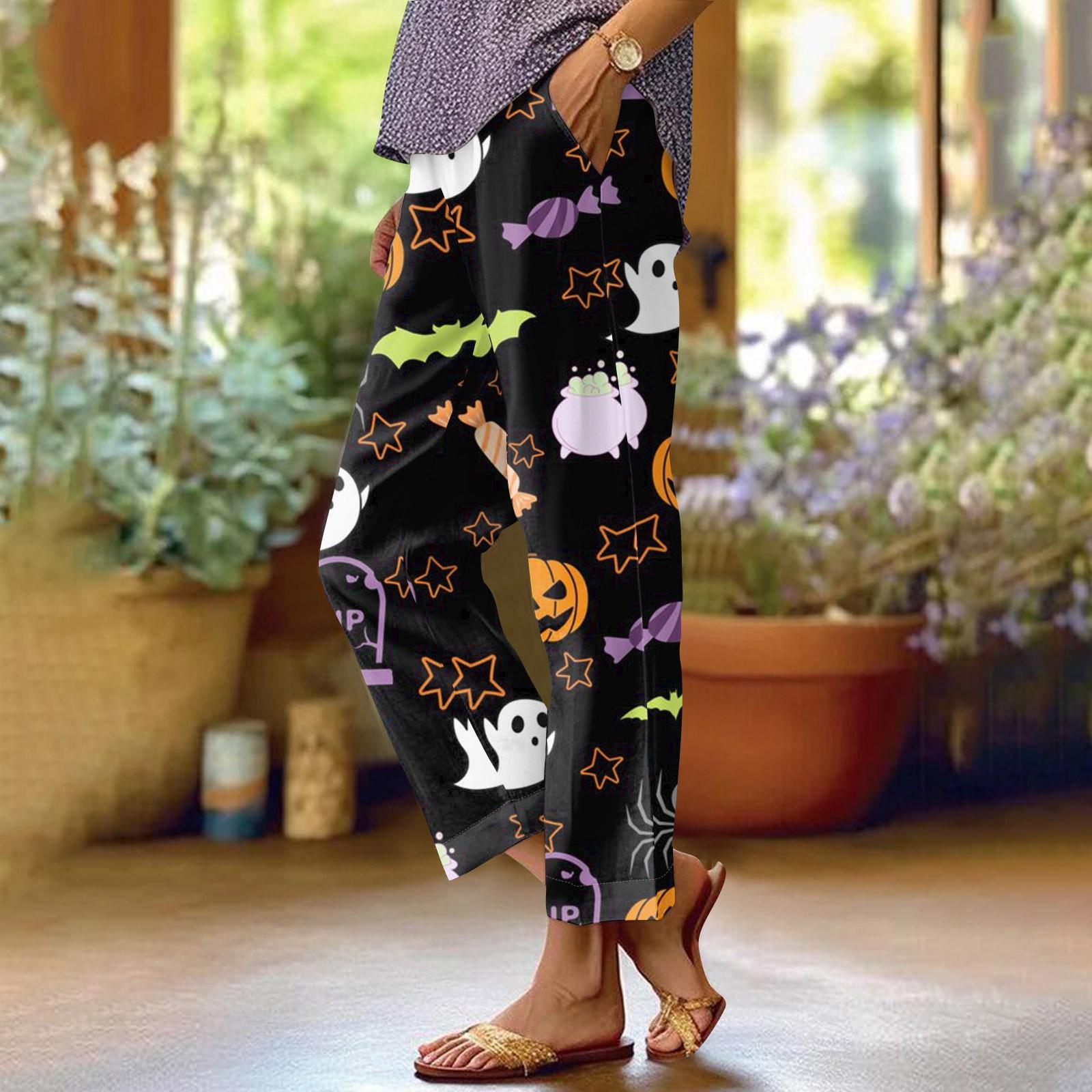 

Женская мода Хэллоуин принтованный карман эластичный пояс повседневные брюки повседневные свободные брюки M