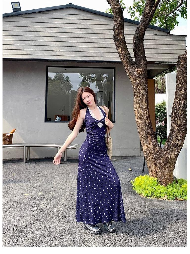 Floral Twisted Lace Halter Maxi Dress for Summer 2025