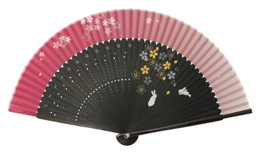 Matsumi Koge Asahi-o Folding Fan: Rabbit and Cherry Blossom (Pink)