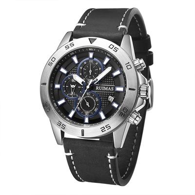Analog Quartz Watch with Waterproof Leather Date Luminous Simple and Stylish Design Men's Band, Display, Dial, Silver/Black