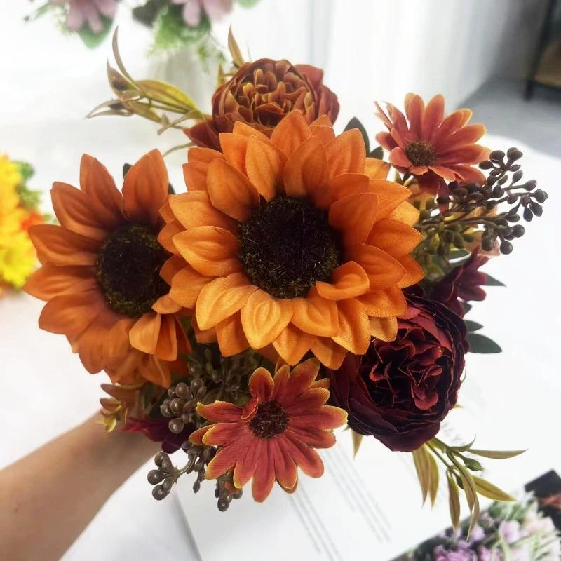 Nordic Artificial Flowers Silk Sunflower Peony Bouquet Garden Decoration Green Plant Fake Flower Simulation Chrysanthemum