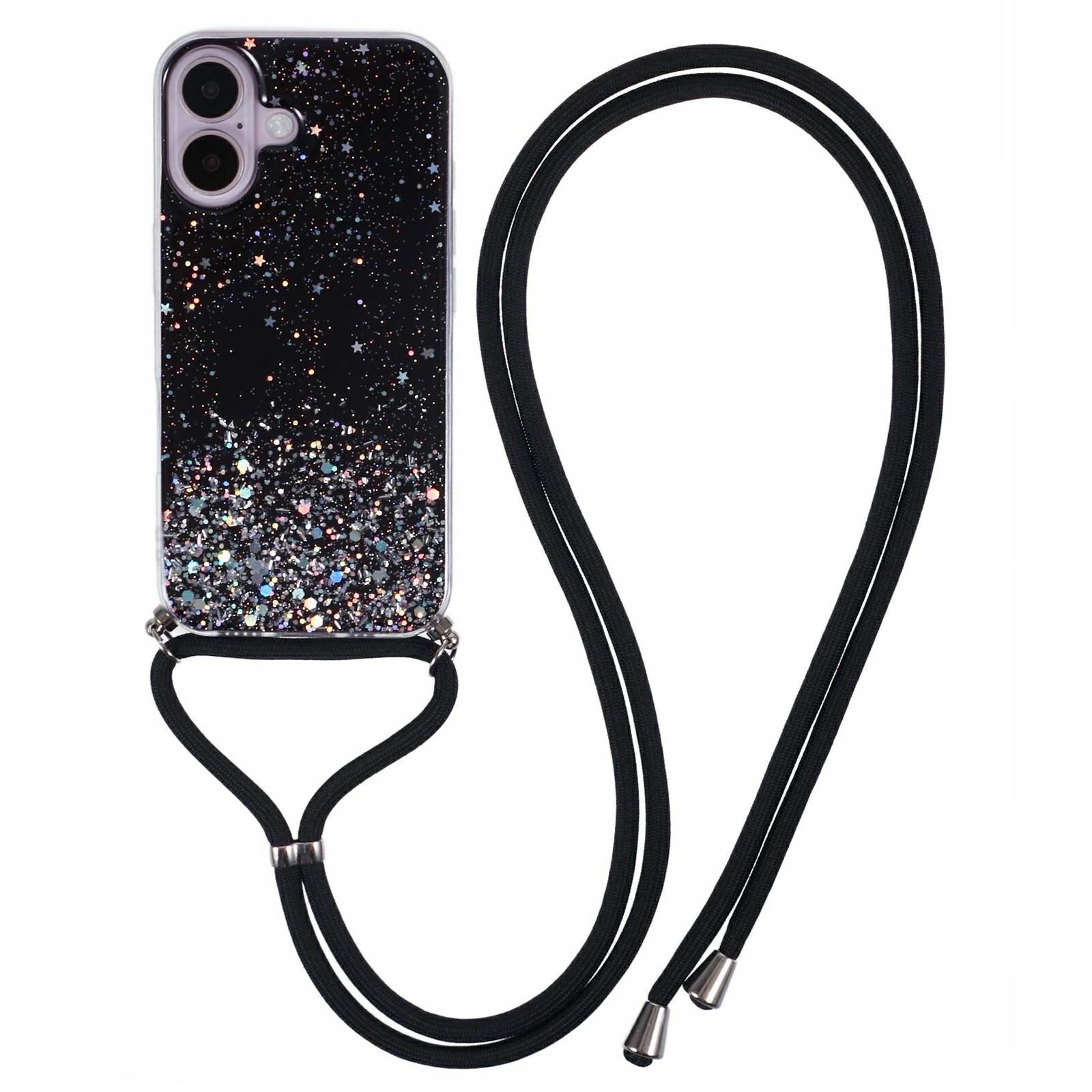 

For iPhone 17 Case Cute Bling TPU Epoxy Phone Cover with Lanyard Black