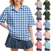 Women Casual Polo Shirt Loose Fit Short Sleeve Button Down Collar Checkered Pattern Lightweight Top for Daily Wear