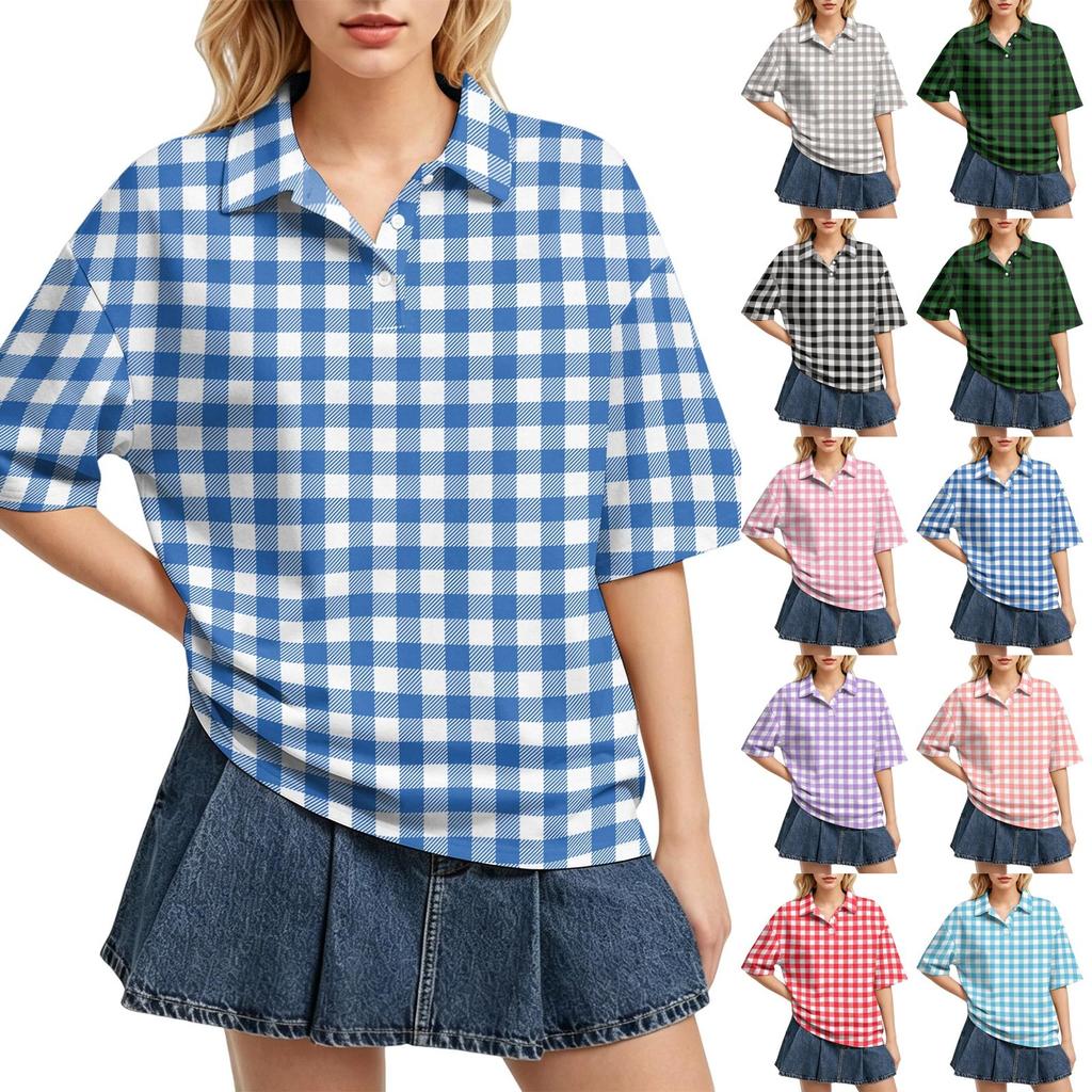 Women Casual Polo Shirt Loose Fit Short Sleeve Button Down Collar Checkered Pattern Lightweight Top for Daily Wear