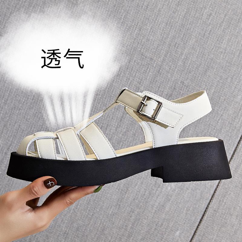 

Босоніжки Баотоу жіночий верхній одяг 2025 літо новий товстопідошовний ремінець римські туфлі повсякденні універсальні товстопідборні шкіряні жіночі туфлі 40