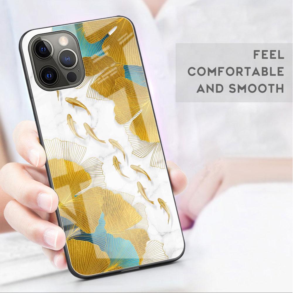 Glass Case For Apple iPhone 14 13 11 12 Pro 7 XR X XS Max 8 6 6s Plus SE 2022 13Pro Tempered Phone Tampa Ginkgo Gold Foil