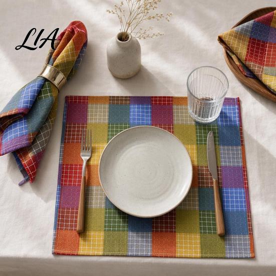 Foldable Napkins for Banquet Colorful Buffalo Check Napkin, Plaid Cotton Linen Retro Washable Cloth Christmas Napkin Dinner Table, Wedding, Party, 16
