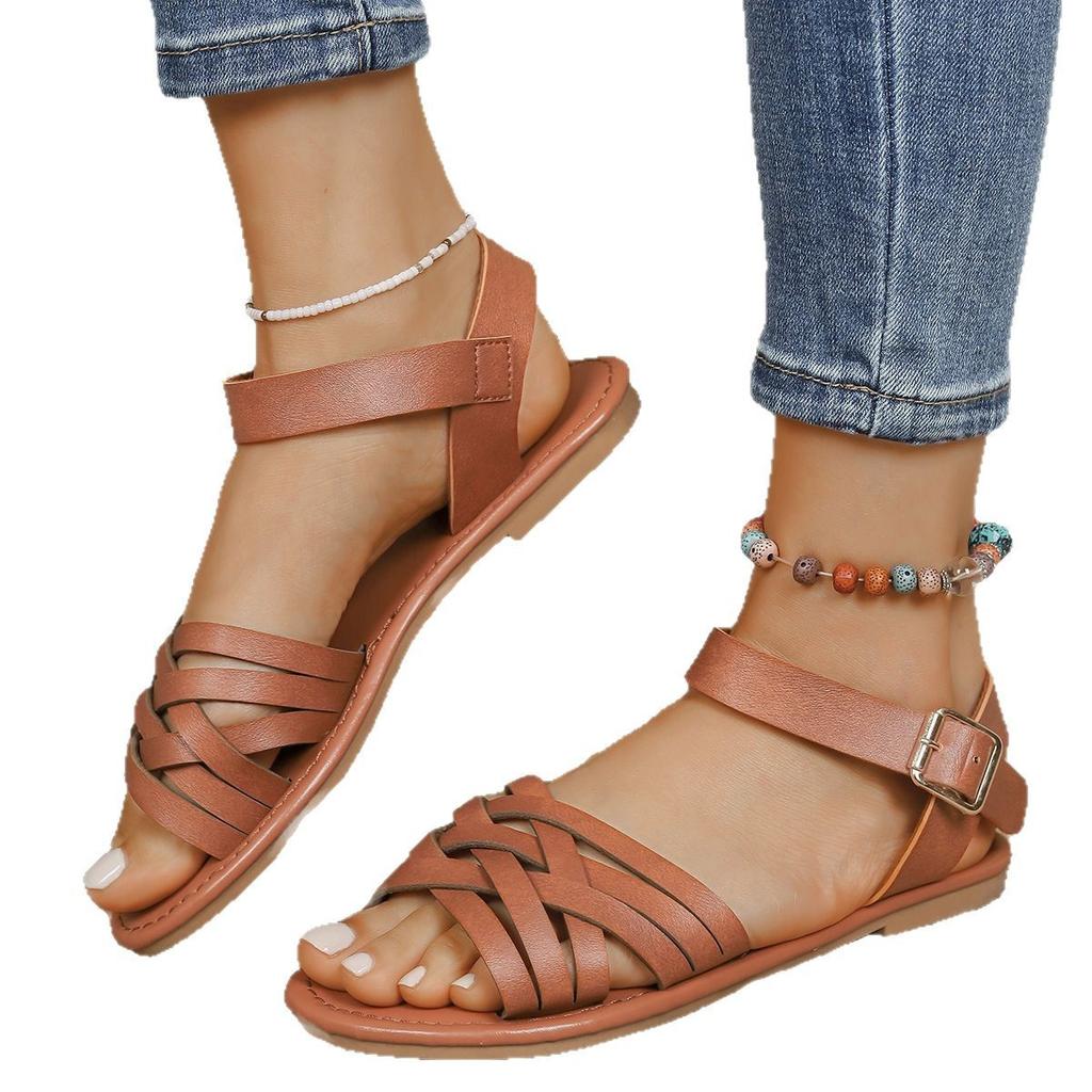 Flat Sandals Women's Summer Simple Cross Strap Comfortable Flat Fashion Versatile Roman Beach Shoes