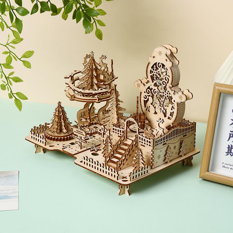 3D Wooden Puzzle Christmas Amusement Park Deer Carriage Music Box with Light Assembly Toy for Kid DIY Decoration for Gifts