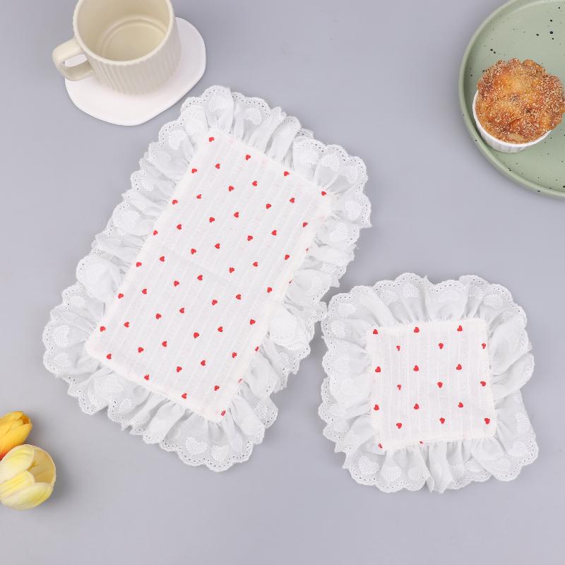 Lace Ruffles Placemats Heart Pattern Table Napkins Soft Flounced Cloth Cups Mat For Home Party Wedding Decoration