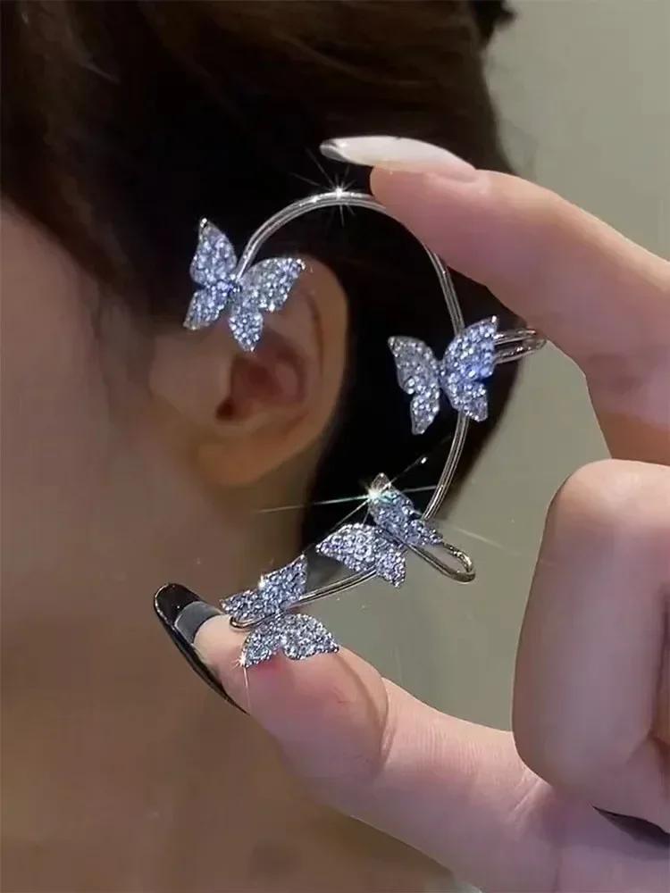 Shiny Zircon Butterfly Ear Cuff Gold Tassel Clip on Earrings for Women Copper Earring Without Piercing Jewelry Ear Loop