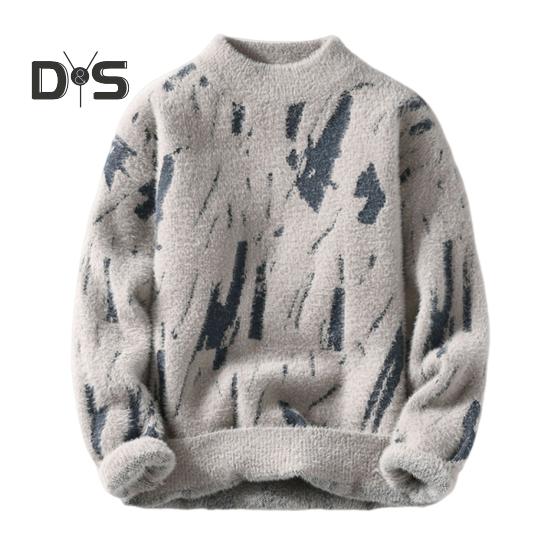 Men Winter Sweater Contrast Color Graffiti Thick Plush Half-high Collar Elastic Knit Long Sleeves Daily Wear School Dating Sweater