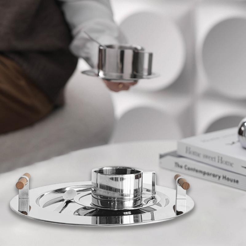 1PC Electroplating Color Decoration Stainless Steel Scandinavian Storage Round Tray Ins Wind Round Tray Wooden Handle